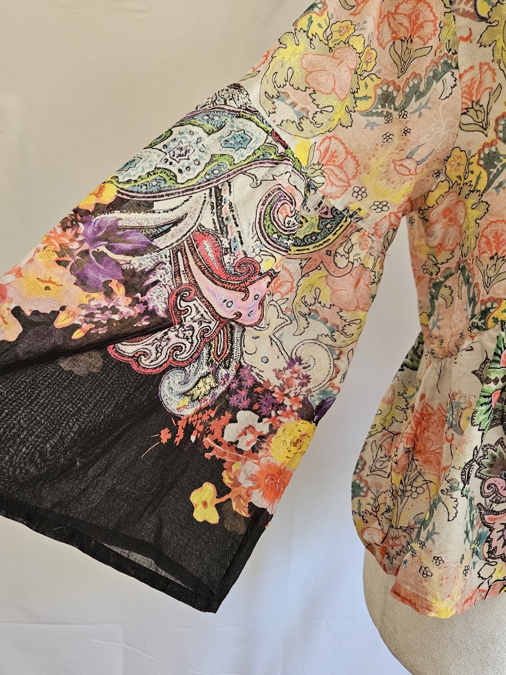 Natural Life Boho Floral Paisley Peplum Blouse S Cotton V-Neck Sequin Trim Bell - Picture 8 of 15